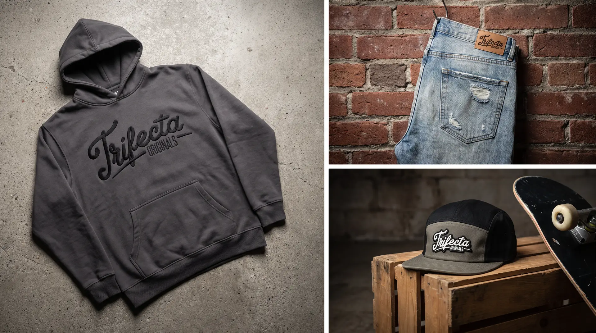 Flat lay of Trifecta Originals hoodie, denim and cap