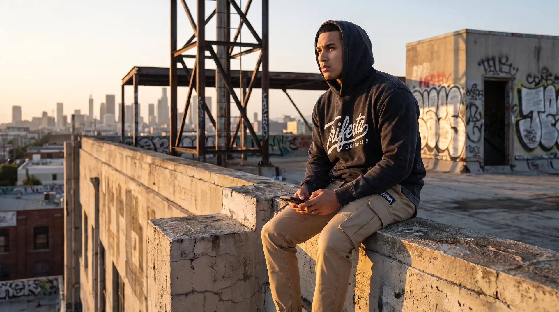 Man in a washed black Trifecta Originals hoodie and khaki cargos sitting on a rooftop ledge above the city at sunrise